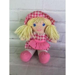 VTG 1996 Dolly Mine Plush Stuffed Doll Pink Plaid Dress Blond Hair Well Made Toy